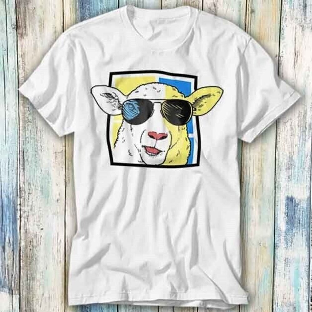 Sheep With Sunglasses Funny Meme Graphic T-Shirt Cute Farm Animal Tee .